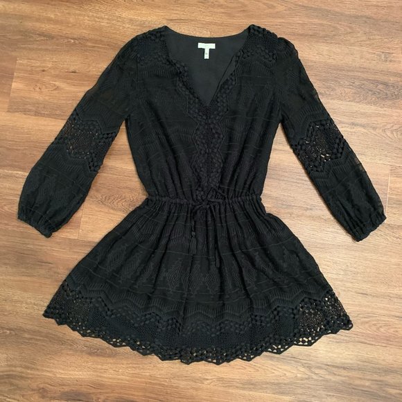 joie boho embroidered dress black long sleeve drawstring waist - Picture 1 of 8